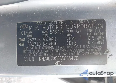 2008 Kia Sorento Lx z USA, uszkodzony, nr VIN KNDJD735885838476